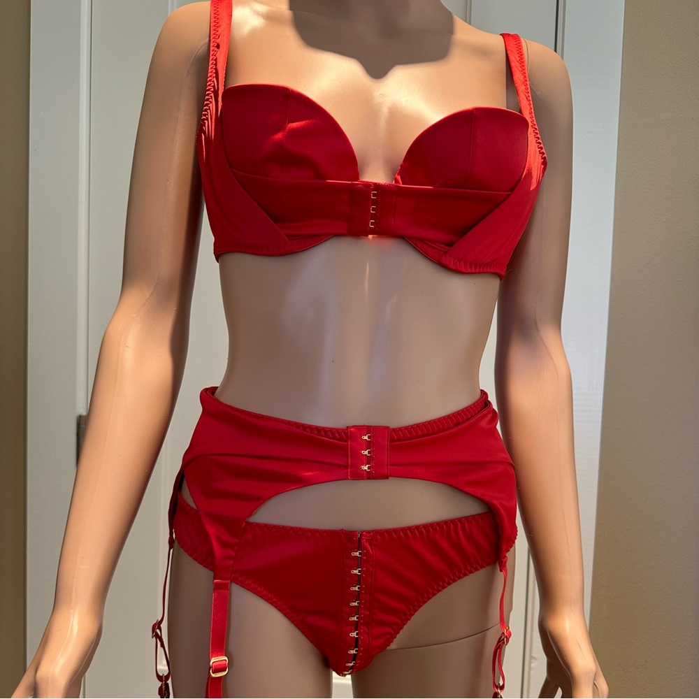 Agent Provocateur Lingerie Jena Red Bra, Brief, Thong, and Suspenders